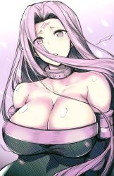 Rule 34 | 1girl, breasts, buckle, cleavage, collar, detached sleeves, dress, eyes visible through hair, facial mark, fate (series), forehead mark, fue (rhomphair), large breasts, long hair, medusa (fate), medusa (rider) (fate), no blindfold, purple eyes, purple hair, sleeveless, sleeveless dress, very long hair