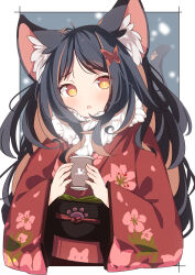 Rule 34 | 1girl, animal ear fluff, animal ears, black hair, blush, brown eyes, brown hair, butterfly hair ornament, cat ears, cat girl, cat tail, commentary request, cropped torso, cup, daidai ookami, disposable cup, floral print, fur collar, hair ornament, hairclip, highres, holding, holding cup, japanese clothes, kimono, long hair, long sleeves, looking at viewer, multicolored hair, obi, original, parted lips, print kimono, red kimono, sash, solo, steam, tail, two-tone hair, upper body, very long hair, wide sleeves