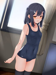 Rule 34 | 1girl, backlighting, bare shoulders, black hair, black thighhighs, blue one-piece swimsuit, blue school swimsuit, blush, breasts, brown eyes, collarbone, covered navel, curtains, fate/kaleid liner prisma illya, fate (series), hair ornament, hairclip, half updo, highres, long hair, looking at viewer, miyu edelfelt, old school swimsuit, one-piece swimsuit, open mouth, school swimsuit, sidelocks, skindentation, small breasts, solo, swimsuit, thighhighs, thighs, touchuu kasou, window