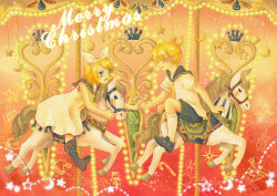 Rule 34 | 1boy, 1girl, absurdres, blonde hair, blue eyes, boots, brother and sister, carousel, christmas, eulb, highres, horse, kagamine len, kagamine rin, necktie, ribbon, siblings, smile, twins, vocaloid