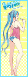 Rule 34 | 1girl, aqua eyes, aqua hair, ass, barefoot, camisole, character name, full body, happy birthday, hatsune miku, legs, long hair, open mouth, panties, sai9007, solo, striped clothes, striped panties, toothbrush, twintails, underwear, very long hair, vocaloid