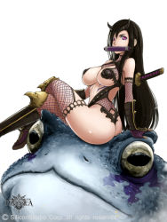 Rule 34 | 1girl, ass, bare shoulders, black hair, boots, breasts, cleavage, female focus, fishnets, frog, gyakushuu no fantasica, horns, katana, large breasts, crossed legs, long hair, looking at viewer, looking back, mole, mole under eye, mouth hold, ninja, purple eyes, revealing clothes, scroll, sitting, solo, stealthmaria, sword, tattoo, thighhighs, weapon
