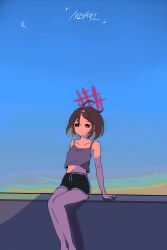 Rule 34 | 1girl, absurdres, ahoge, arm support, black footwear, blue archive, blue sky, brown hair, camisole, character name, collarbone, crescent moon, dolphin shorts, ear piercing, feet out of frame, floating hair, grey camisole, halo, highres, midriff, misaki (blue archive), moon, navel, piercing, pong2, shorts, sitting, sky, solo
