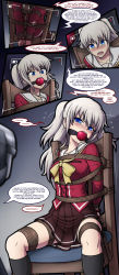 Rule 34 | 1girl, absurdres, arms behind back, ball gag, bdsm, black socks, blue eyes, bound, breasts, camera, chair, chairtie, charlotte (anime), gag, highres, kneehighs, long sleeves, magnolia-baillon, neckerchief, red skirt, rope, sailor collar, school uniform, silver hair, sitting, skirt, small breasts, socks, spread legs, teeth, text focus, tied up, tomori nao, twintails, upper teeth only, yellow neckerchief