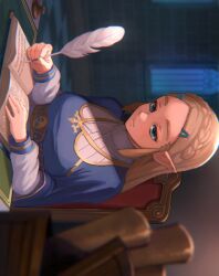 Rule 34 | 1girl, blonde hair, blue shirt, blurry, blurry foreground, book, braid, breasts, brick wall, chair, closed mouth, feathers, green eyes, hair ornament, hairclip, highres, holding, holding feather, large breasts, long hair, long sleeves, nintendo, open book, parted hair, pointy ears, portrait, princess zelda, saburou (jako), shirt, sideways, sitting, solo, the legend of zelda, the legend of zelda: breath of the wild, white shirt, window, writing