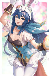 Rule 34 | 1girl, :d, animal ears, blue eyes, blue hair, blush, border, breasts, choker, cleavage, collarbone, easter, easter egg, egg, fake animal ears, female focus, fire emblem, fire emblem awakening, fire emblem heroes, frilled choker, frills, gloves, gold trim, gonzarez, happy easter, highres, holding, holding egg, leotard, light particles, long hair, looking at viewer, lucina (fire emblem), lucina (spring) (fire emblem), matching hair/eyes, microskirt, nintendo, official alternate costume, open mouth, pantyhose, puffy short sleeves, puffy sleeves, rabbit ears, see-through, short sleeves, skirt, small breasts, smile, solo, standing, underbust, white border, white gloves, white pantyhose