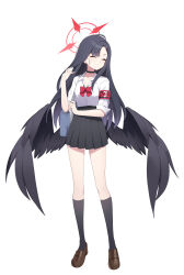 Rule 34 | 1girl, absurdres, bag, black choker, black hair, black skirt, black socks, black wings, blue archive, brown footwear, choker, closed eyes, closed mouth, collarbone, collared shirt, ddungddang, feathered wings, full body, halo, highres, ichika (blue archive), long hair, low wings, red halo, school bag, shirt, shoes, simple background, skirt, socks, solo, white background, white shirt, wings