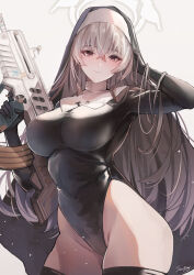 Rule 34 | 1girl, black leotard, black thighhighs, blue archive, blush, breasts, closed mouth, grey hair, halo, hand in own hair, highleg, highleg leotard, holding, justina follower (blue archive), large breasts, leotard, looking at viewer, nun, purple eyes, sakurako (blue archive), sea nami, smile, solo, thighhighs