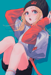 Rule 34 | 1girl, aqua background, aqua eyes, arms up, beanie, black hat, black shorts, blonde hair, blush, feet out of frame, hat, highres, knees up, layered sleeves, long hair, long sleeves, nail polish, open mouth, original, red nails, ritao kamo, shadow, shirt, short over long sleeves, short sleeves, shorts, simple background, solo, white shirt