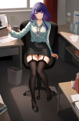 Rule 34 | 1girl, absurdres, alternate costume, artist self-reference, black footwear, black garter straps, black skirt, black thighhighs, blue shirt, book, breasts, bu weizhuang, buttons, chair, closed mouth, coffee mug, collared shirt, commentary request, contemporary, cup, curtains, desk, drawer, dress shirt, elbow rest, folder, full body, garter straps, genshin impact, highres, id card, index finger raised, indoors, legs, long sleeves, looking at viewer, medium breasts, miniskirt, mitsudomoe (shape), monitor, mug, office, office chair, office lady, on chair, paper, pencil skirt, purple eyes, purple hair, raiden shogun, shirt, shirt tucked in, sidelocks, sitting, skirt, smile, sticky note, swivel chair, table, thighhighs, thighs, tomoe (symbol), trash can, window, zettai ryouiki