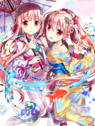 Rule 34 | 2girls, :d, bow, collarbone, fish, floating hair, fujima takuya, goldfish, hair between eyes, hair bow, hair ornament, holding, holding umbrella, index finger raised, japanese clothes, kimono, leg up, long hair, looking at viewer, multiple girls, obi, oil-paper umbrella, open mouth, original, pink hair, red bow, red eyes, sash, smile, standing, standing on one leg, twintails, umbrella, very long hair, wrist cuffs, yukata