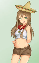 Rule 34 | 1girl, arm behind back, brown hair, cowboy shot, green background, green eyes, happy, hat, highres, long hair, looking at viewer, mexico, midriff, open mouth, original, self-upload, shorts, simple background, solo, sombrero, tobal13