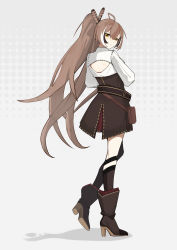 Rule 34 | 1girl, absurdres, ahoge, ankle boots, asymmetrical legwear, back, back cutout, belt, boots, brown corset, brown eyes, brown hair, clothing cutout, corset, facing away, feather hair ornament, feathers, hair ornament, hairclip, highres, hololive, hololive english, knee strap, kneehighs, long hair, looking at viewer, looking back, multicolored hair, nanashi mumei, ponytail, pouch, red skirt, saruissaart, shirt, single kneehigh, single sock, single thighhigh, skirt, smile, socks, streaked hair, thighhighs, very long hair, virtual youtuber, white shirt