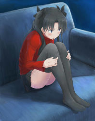 Rule 34 | 1girl, black hair, black ribbon, black thighhighs, blue eyes, blush, command spell, couch, fate/stay night, fate (series), feet, feet on chair, hair ribbon, highres, hugging own legs, legs, long hair, long legs, looking away, no shoes, okitsugu, open mouth, pleated skirt, ribbon, sitting, skirt, solo, thighhighs, tohsaka rin, twintails, two side up