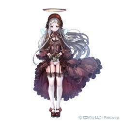Rule 34 | black footwear, bonnet, capelet, character request, dennou tenshi djibril, dress, eyelashes, full body, funeral dress, garter straps, gothic lolita, halo, highres, lolita fashion, long hair, looking down, mary janes, mini wings, official art, panties, parted hair, pondel, shoes, showgirl skirt, silver hair, solo, straight hair, tachi-e, thighhighs, underwear, white panties, white thighhighs, wings