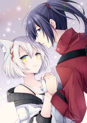 Rule 34 | 1boy, 1girl, animal ears, bare shoulders, black hair, blue eyes, cat ears, chest jewel, closed mouth, collarbone, commentary request, fingerless gloves, gloves, hair between eyes, hair tie, holding hands, jacket, long hair, long sleeves, looking at viewer, mini mamu, mio (xenoblade), noah (xenoblade), off shoulder, open clothes, open jacket, ponytail, profile, red jacket, short hair, smile, tank top, twitter username, upper body, white gloves, white hair, white jacket, white tank top, xenoblade chronicles (series), xenoblade chronicles 3, yellow eyes