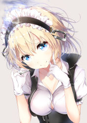 Rule 34 | 1girl, absurdres, bad id, bad pixiv id, beige background, blonde hair, blue eyes, blush, braid, braided bangs, breasts, cigarette, closed mouth, corset, cropped vest, g36 (girls&#039; frontline), girls&#039; frontline, gloves, hair between eyes, hair ornament, head tilt, highres, holding, holding cigarette, katsuya 228, large breasts, looking at viewer, maid, maid headdress, pinky out, puffy short sleeves, puffy sleeves, short sleeves, sidelocks, simple background, smile, smoking, solo, sweat, upper body, vest, white gloves