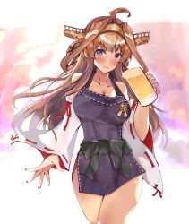 Rule 34 | 1girl, ahoge, alcohol, apron, beer, beer mug, blush, breasts, brown hair, cleavage, collarbone, cup, detached sleeves, double bun, eriyama e, froth, hair bun, hairband, headgear, highres, holding, holding cup, kantai collection, kongou (kancolle), large breasts, long hair, looking at viewer, mug, nontraditional miko, open mouth, purple eyes, see-through silhouette, sidelocks, solo, spilling
