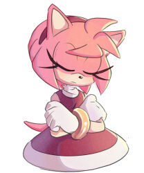 Rule 34 | 1girl, amy rose, closed eyes, crossed arms, dress, furry, furry female, gloves, hairband, quark196, red dress, red hairband, simple background, solo, sonic (series), tail, white background, white gloves