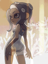 Rule 34 | 1girl, agent 8 (splatoon), artist name, ass, bodysuit, breasts, brown eyes, from behind, grey hair, highres, leotard, leotard under clothes, n2uohichan, nintendo, octoling, octoling girl, octoling player character, see-through, short hair, short shorts, shorts, sideboob, small breasts, solo, splatoon (series), suction cups, tentacle hair, tentacles, thighs, white bodysuit, white leotard, white shorts