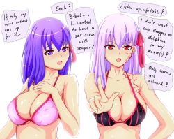 Rule 34 | 1girl, bad id, bad pixiv id, bikini, blush, breasts, cleavage, dark persona, dark sakura, dual persona, english text, covered erect nipples, fate/stay night, fate (series), hair ribbon, hand on own chest, index finger raised, ixmmxi, large breasts, long hair, looking at another, looking at viewer, matou sakura, open mouth, pink hair, purple eyes, purple hair, red eyes, ribbon, scolding, speech bubble, swimsuit, tattoo, type-moon, upper body