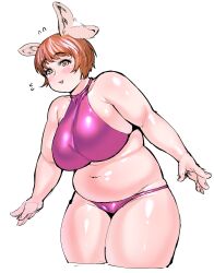 Rule 34 | 1girl, animal ears, belly, bikini, blush, breasts, brown eyes, brown hair, cameltoe, cowboy shot, cropped legs, ear wiggle, elf-san wa yaserarenai., fat, highres, huge breasts, large breasts, leaning forward, looking at viewer, navel, oku (elf-san wa yaserarenai.), open hands, outstretched arms, parted lips, pig ears, pink bikini, plump, shiny skin, shiny swimsuit, short hair, simple background, solo, swimsuit, synecdoche, tareme, thick arms, thick thighs, thighs, white background