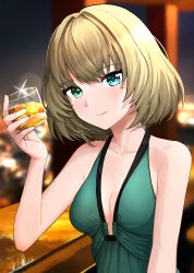 1girl absurdres blonde_hair blue_eyes blurry blurry_background breasts cleavage closed_mouth collarbone cup dress green_dress green_eyes heterochromia highres holding holding_cup idolmaster idolmaster_cinderella_girls junshiki looking_at_viewer medium_breasts mole mole_under_eye short_hair signature sleeveless sleeveless_dress smile solo takagaki_kaede upper_body