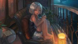 Rule 34 | 1girl, ^ ^, barefoot, closed eyes, couch, cup, curtains, dark, dark-skinned female, dark skin, drink, feet on chair, flat chest, hair ornament, hairclip, lantern, looking at viewer, looking to the side, night, ocean, original, outdoors, ox (baallore), plant, potted plant, railing, ramina (baallore), short hair, silver hair, sitting, solo, steam, table, tank top, water, window