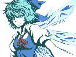 Rule 34 | 1girl, blue dress, blue eyes, blue hair, bow, cirno, dated, dress, hair bow, ice, ice wings, looking at viewer, matching hair/eyes, miata (miata8674), puffy short sleeves, puffy sleeves, shirt, short hair, short sleeves, simple background, solo, touhou, upper body, wings