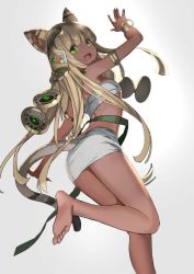 Rule 34 | 1girl, adachi yousuke, animal ears, barefoot, blonde hair, breasts, cat ears, character request, copyright request, dark-skinned female, dark skin, green eyes, long hair, looking at viewer, open mouth, simple background, small breasts, smile, solo, tail, teeth, upper teeth only, very long hair, white background