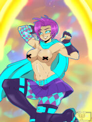 Rule 34 | 1girl, absurdres, alternate costume, alternate eye color, areola slip, arms up, bare shoulders, belt, black footwear, blue cape, blue eyes, blue nails, blush, boots, breasts, cape, checkered clothes, checkered sleeves, checkered thighhighs, cleavage, cm artist, commentary, corruption, cross pasties, curious cat (rwby), dark persona, detached sleeves, english commentary, evil smile, fingerless gloves, gloves, highres, kneeling, large breasts, looking at viewer, midriff, nail, nail polish, navel, pantyhose, pasties, possessed, purple hair, ruby rose, rwby, signature, slit pupils, smile, solo, thigh boots, thighhighs, topless, torn, torn clothes, torn pantyhose, torn sleeves, watermark, whiskers, x