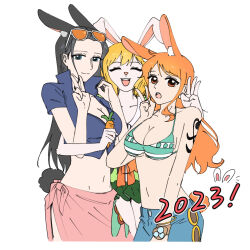 Rule 34 | 2020s, 2023, 3girls, :o, animal ear fluff, animal ears, arm tattoo, bikini, bikini top only, black hair, blonde hair, blue eyes, border, bracelet, breasts, carrot, carrot (one piece), chinese zodiac, cleavage, closed eyes, collared jacket, cowboy shot, cropped jacket, food, hair between eyes, half-closed eyes, hands up, highres, holding, holding carrot, holding food, hug, hug from behind, jacket, jewelry, large breasts, log pose, long hair, looking at viewer, matching hair/eyes, midriff, multiple girls, nami (one piece), navel, nico robin, notice lines, one piece, open mouth, orange-tinted eyewear, orange eyes, orange hair, rabbit ears, short sleeves, signing, simple background, smile, sunglasses, sunglasses on head, swimsuit, tareme, tattoo, three fingers, tinted eyewear, towel around waist, tsurime, upper body, v, white background, white border, year of the rabbit, yukina megumi