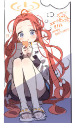 Rule 34 | 1girl, birthday, blue archive, blue eyes, blush, bow, coat, dated, full body, hair bow, halo, happy birthday, highres, holding, long hair, long sleeves, messy hair, parted lips, red hair, sandals, simple background, sitting, sketch, solo, thumbs up, ticket, very long hair, white bow, white coat, yutokamizu, yuzu (blue archive)