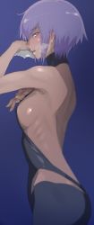 Rule 34 | 1girl, areola slip, ass, back, bare shoulders, blush, breasts, commentary request, covered erect nipples, dark-skinned female, dark skin, fate/prototype, fate/prototype: fragments of blue and silver, fate (series), hassan of serenity (fate), highres, looking at viewer, mask, unworn mask, mazarimon, open mouth, purple eyes, purple hair, revealing clothes, short hair, sideboob, solo, sweat, teeth