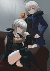 Rule 34 | 2girls, absurdres, ahoge, alternate costume, artoria pendragon (all), artoria pendragon (fate), bag, black dress, black jacket, black ribbon, black shorts, blue coat, breasts, burger, casual, closed mouth, coat, collarbone, commentary, couch, dress, eating, fate/grand order, fate (series), food, food in mouth, fur-trimmed coat, fur trim, grey hair, hair between eyes, hair ribbon, hand on own hip, highres, holding, holding food, indoors, jacket, jeanne d&#039;arc (fate), jeanne d&#039;arc alter (fate), jeanne d&#039;arc alter (ver. shinjuku 1999) (fate), jewelry, large breasts, crossed legs, long hair, long sleeves, looking at viewer, multiple girls, necklace, no nose, hugging object, official alternate costume, paper bag, ponytail, ribbon, s.w, saber alter, saber alter (ver. shinjuku 1999) (fate), short dress, short hair, short shorts, shorts, sitting, thighhighs, wicked dragon witch ver. shinjuku 1999, yellow eyes