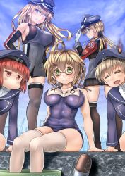Rule 34 | 10s, 5girls, = =, ahoge, anchor hair ornament, bad id, bad pixiv id, bare shoulders, bismarck (kancolle), black ribbon, black skirt, blonde hair, blue one-piece swimsuit, blue sky, blush, breasts, brown-framed eyewear, brown hair, burning, burnt clothes, closed eyes, clothes writing, cloud, collarbone, covered navel, crane (machine), cross, day, detached sleeves, fence, fire, frown, glasses, green eyes, grey legwear, hair ornament, hair ribbon, hand on headwear, hat, i-8 (kancolle), impossible clothes, impossible swimsuit, iron cross, kantai collection, large breasts, long hair, long sleeves, military, military uniform, miniskirt, multiple girls, name tag, no mouth, one-piece swimsuit, open mouth, over-kneehighs, peaked cap, pleated skirt, prinz eugen (kancolle), red eyes, red hair, ribbon, sailor collar, sailor hat, school swimsuit, short hair, sideboob, silver hair, sitting, skindentation, skirt, sky, smile, smoke, standing, swimsuit, takahashi rodemu, thighhighs, torpedo, twintails, uniform, white legwear, z1 leberecht maass (kancolle), z3 max schultz (kancolle)