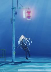 Rule 34 | 1girl, absurdres, blonde hair, blue eyes, bubble, commentary, cropped jacket, crosswalk, dated, floating, floating hair, garrison cap, gloves, hat, high heels, highres, kantai collection, laminar flow, light rays, long hair, looking up, railing, shadow, signature, solo, traffic light, u-511 (kancolle), underwater