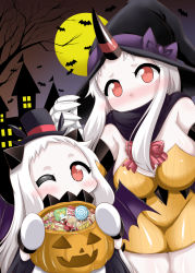 Rule 34 | 10s, 2girls, abyssal ship, adjusting clothes, adjusting headwear, alternate costume, bat (animal), bat wings, blush, bow, bowtie, branch, breasts, candy, cape, carrying, castle, claws, colored skin, commentary request, covered navel, covering own mouth, detached sleeves, food, full moon, halloween, hat, horns, huge breasts, jack-o&#039;-lantern, kantai collection, lollipop, long hair, looking at viewer, moon, multiple girls, night, night sky, northern ocean princess, one eye closed, red eyes, seaport princess, sky, snack, top hat, white hair, white skin, wings, witch hat, yamato nadeshiko