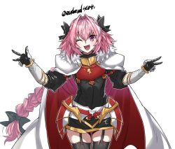 Rule 34 | 1boy, armor, artist name, astolfo (fate), braid, braided ponytail, commentary request, cowboy shot, fang, fate/apocrypha, fate (series), hair between eyes, haoro, long hair, looking at viewer, one eye closed, open mouth, pink hair, purple eyes, simple background, skin fang, smile, tongue, trap, twitter username, v, watermark, white background