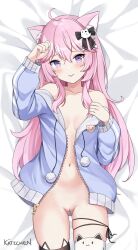 Rule 34 | 1girl, ahoge, animal ears, ass, bare shoulders, black ribbon, black thighhighs, blue eyes, blue hoodie, blue jacket, blue jersey, blush, bodypillow, breasts, cat, cat ears, cat girl, cat socks, cleft of venus, cotton ball, dakimakura (medium), dakimakura (object), dakimakura design, exposed chest, exposed shoulder, female focus, fist on head, frills, hair between eyes, hair ornament, hand on own head, highres, hood, hoodie, jacket, jersey, katzchen, long hair, lying, navel, no bra, no panties, nude filter, nyanners, nyatasha nyanners, pillow, pink hair, pussy, ribbon, small breasts, solo, stomach, string, thigh squeeze, thigh squish, thigh strap, thighhighs, thighs, third-party edit, tongue, tongue out, virtual youtuber, vshojo, white thighhighs, zipper
