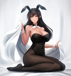 Rule 34 | 1girl, animal ears, bare shoulders, bed sheet, black hair, black hairband, black leotard, black pantyhose, breasts, cleavage, closed mouth, covered navel, detached collar, fake animal ears, full body, green eyes, hairband, highleg, highleg leotard, highres, large breasts, leotard, light smile, long hair, looking at viewer, no shoes, obaoba (monkeyix), original, pantyhose, playboy bunny, rabbit ears, sheet grab, sitting, solo, straight hair, strapless, strapless leotard, wariza, wrist cuffs