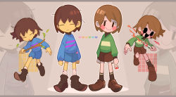 Rule 34 | 2others, blue shorts, blush stickers, brown footwear, brown hair, brown shorts, chara (undertale), closed mouth, commentary request, frisk (undertale), heart, highres, holding, holding knife, holding stick, knife, long sleeves, messy hair, multiple others, multiple tails, open mouth, senjochi janai, shirt, shorts, simple background, smile, socks, stick, striped clothes, striped shirt, tail, twitter username, undertale, white legwear