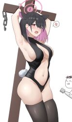 Rule 34 | 1boy, 1girl, absurdres, alternate costume, anger vein, animal ears, armpits, arms up, black hair, black leotard, black thighhighs, blue archive, blush, breasts, cat ears, chinese commentary, colored inner hair, commentary request, cross, crying, dildo, doodle sensei (blue archive), fake tail, fang, feet out of frame, frontless outfit, halo, happy05x, highres, holding, holding sex toy, kazusa (blue archive), large breasts, leotard, looking at viewer, medium hair, multicolored hair, navel, open mouth, pink eyes, pink hair, pink halo, presenting armpit, rabbit tail, restrained, revealing clothes, sensei (blue archive), sex toy, skin fang, solo focus, spoken anger vein, standing, strapless, strapless leotard, tail, thighhighs