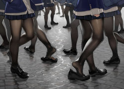 Rule 34 | 6+girls, black footwear, blazer, blue skirt, cardigan, day, highres, jacket, legs, loafers, lower body, miniskirt, multiple girls, open clothes, open jacket, original, outdoors, pantyhose, pleated skirt, shoe dangle, shoes, skirt, sleeves past wrists, standing, thighs, yomu (sgt epper)