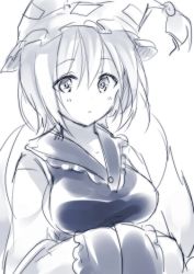 Rule 34 | 1girl, blue theme, female focus, fox tail, hands in opposite sleeves, monochrome, multiple tails, short hair, simple background, solo, tail, toosaka asagi, touhou, white background, yakumo ran