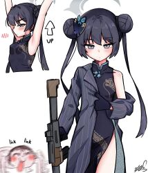 Rule 34 | 1girl, :p, \o/, ^ ^, armpits, arms up, arrow (symbol), artist name, assault rifle, black dress, black gloves, black hair, black jacket, blue archive, blush, breasts, butterfly hair ornament, china dress, chinese clothes, closed eyes, closed mouth, clothes grab, commentary, cowboy shot, crawling, cs/ls06, doodle sensei (blue archive), dot mouth, double bun, dragon print, dress, english commentary, english text, expressionless, frog button, gloves, grey eyes, gun, hair bun, hair ornament, halo, highres, holding, holding gun, holding weapon, jacket, jacket grab, kisaki (blue archive), koonowen, long hair, mandarin collar, motion blur, multiple views, narrowed eyes, nude, off shoulder, open clothes, open jacket, outstretched arms, pinstripe jacket, pinstripe pattern, rifle, sensei (blue archive), side slit, sidelocks, signature, simple background, single bare shoulder, sleeveless, sleeveless dress, small breasts, smile, solo focus, straight-on, striped, suit jacket, toggles, tongue, tongue out, very long hair, weapon, white background