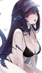 Rule 34 | 1girl, absurdres, au ra, bare shoulders, bikini, black bikini, black hair, black hat, blunt bangs, blush, breasts, cleavage, commission, dragon girl, dragon horns, dragon tail, final fantasy, final fantasy xiv, hat, highres, horns, large breasts, long hair, looking at viewer, purple eyes, scales, shhilee, simple background, skeb commission, solo, swimsuit, tail, tongue, tongue out, visor cap, warrior of light (ff14), wet, white background