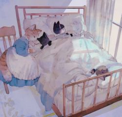 Rule 34 | animal, animal focus, apron, bed, bedroom, black cat, blanket, blue dress, cat, chair, clothed animal, curtains, dress, frilled shirt collar, frills, highres, indoors, kitten, long dress, lying, muted color, no humans, orange cat, original, pastel colors, pillow, purple theme, roomscape, rug, sitting, sleeping, tabby cat, tono (rt0no), under covers, white cat, white theme, window