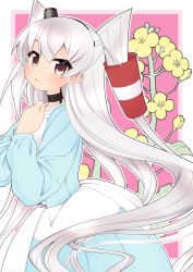 Rule 34 | 1girl, alternate costume, amatsukaze (kancolle), ataru (ataru-littlebird), blue dress, border, commentary request, cowboy shot, dress, flower, hair tubes, hat, highres, kantai collection, long hair, looking at viewer, mini hat, multicolored background, pink background, silver hair, smokestack hair ornament, solo, two side up, white border