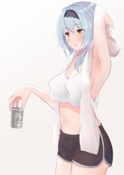 Rule 34 | 1girl, absurdres, alcohol, arm up, armpits, beer can, black shorts, blue hair, blush, breasts, camisole, can, casual, cowboy shot, dolphin shorts, drink can, eula (genshin impact), female focus, genshin impact, hairband, highres, looking to the side, medium breasts, midriff, navel, open mouth, shorts, sideboob, simple background, sleeveless, solo, standing, sweat, tank top, towel, white tank top, yata mawari, yellow eyes